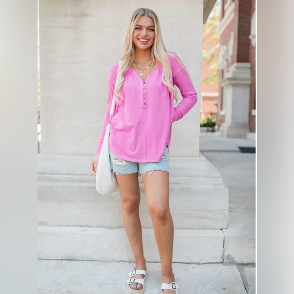 Pink Lily Tops - NWOT Pink Lily Pink Ribbed Knit Oversized Henley Top